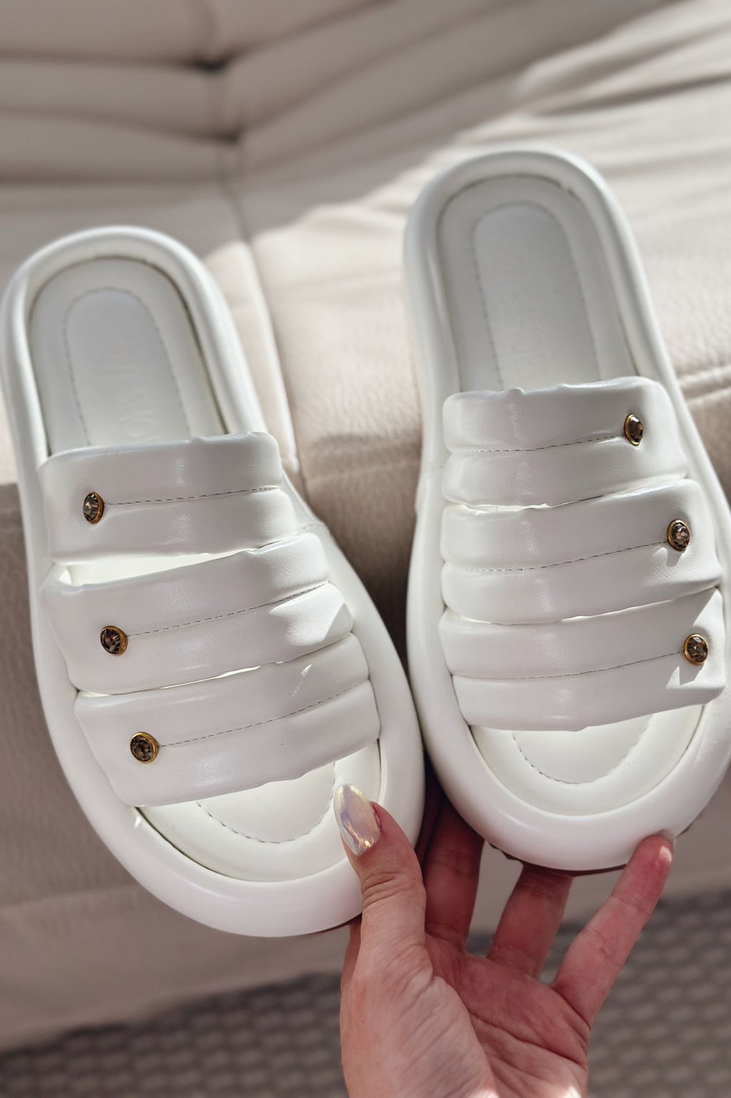 Laursa White Faux Leather Stone-Embellished Women's Slides