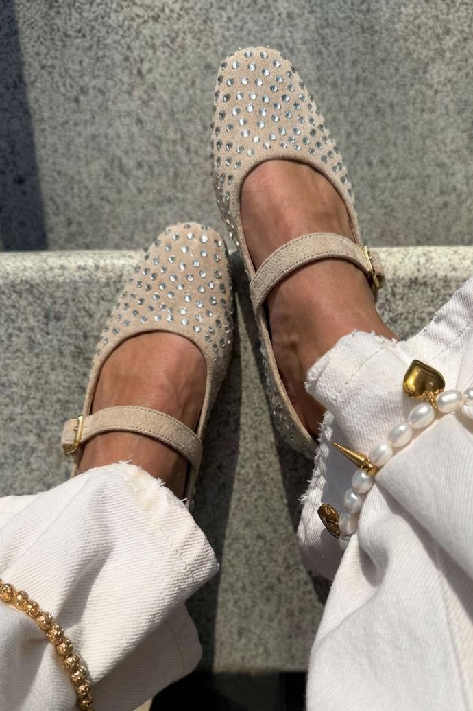 Orion Beige Suede Stone-Embellished Women's Flats