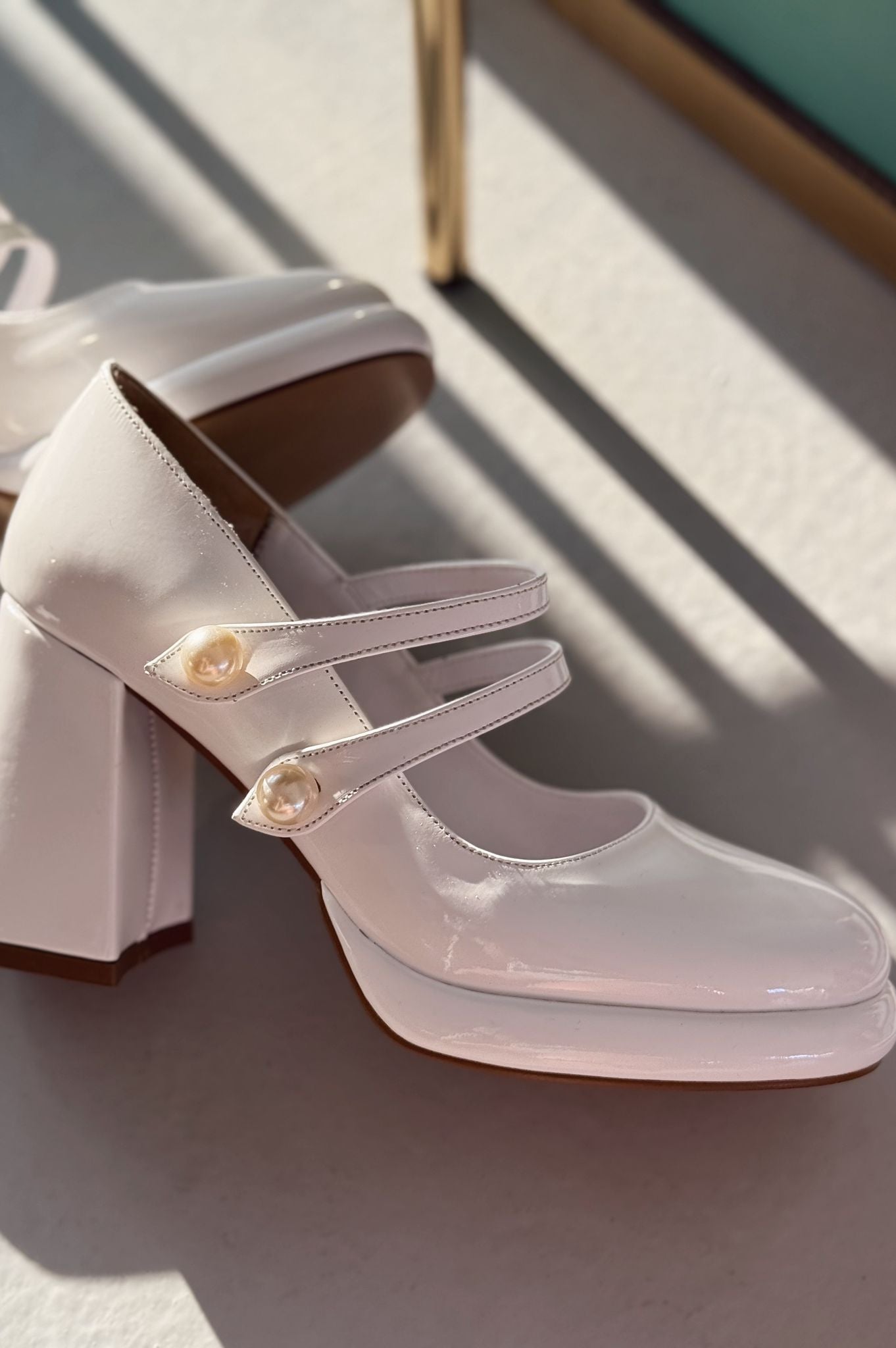 Negso Pearl Detail White Patent Faux Leather Women's Mary Jane