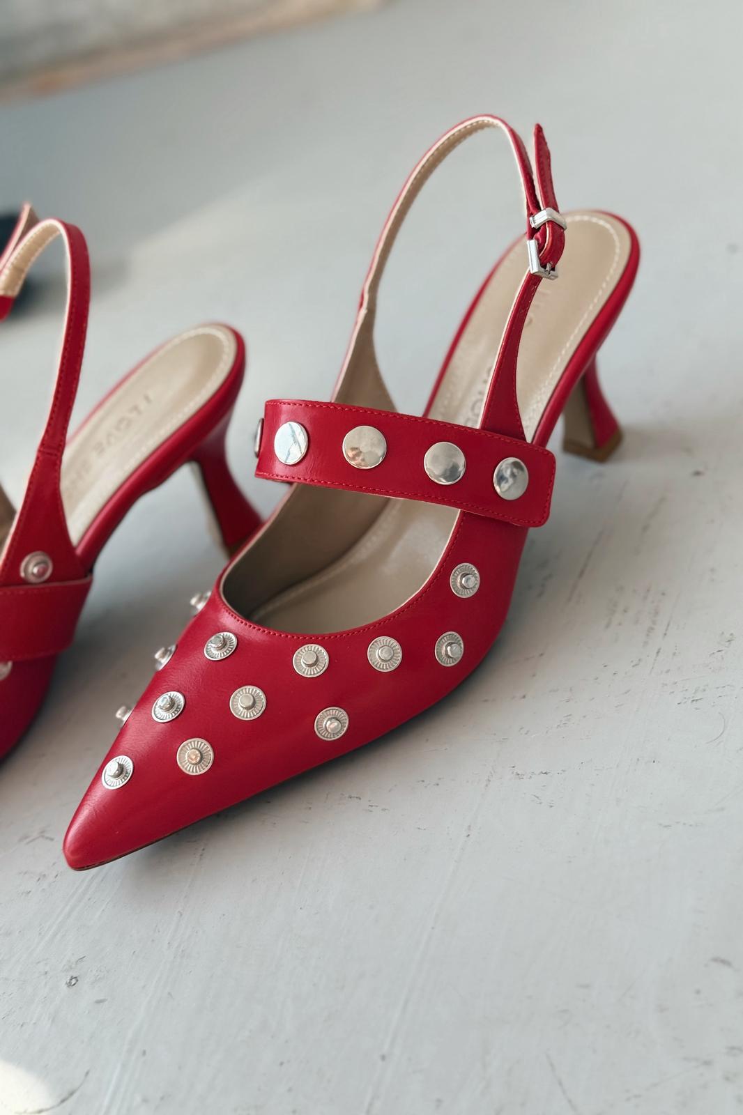 Selorin Red Faux Leather Studded Women's Stilettos