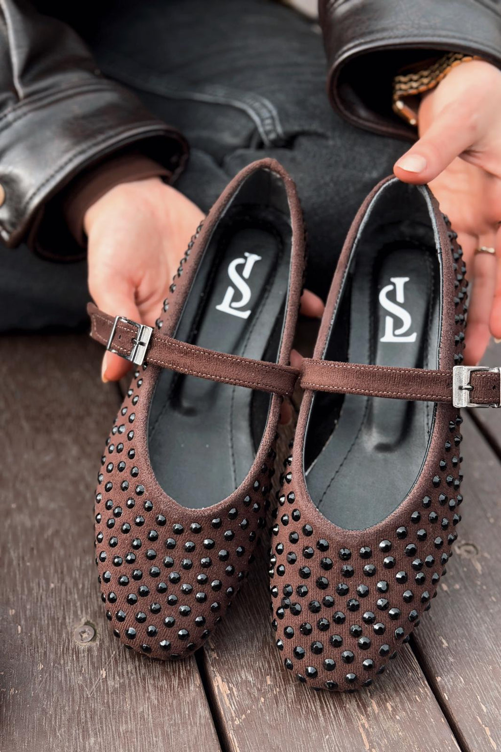 Orion Dark Brown Suede Stone Detail Women's Flats