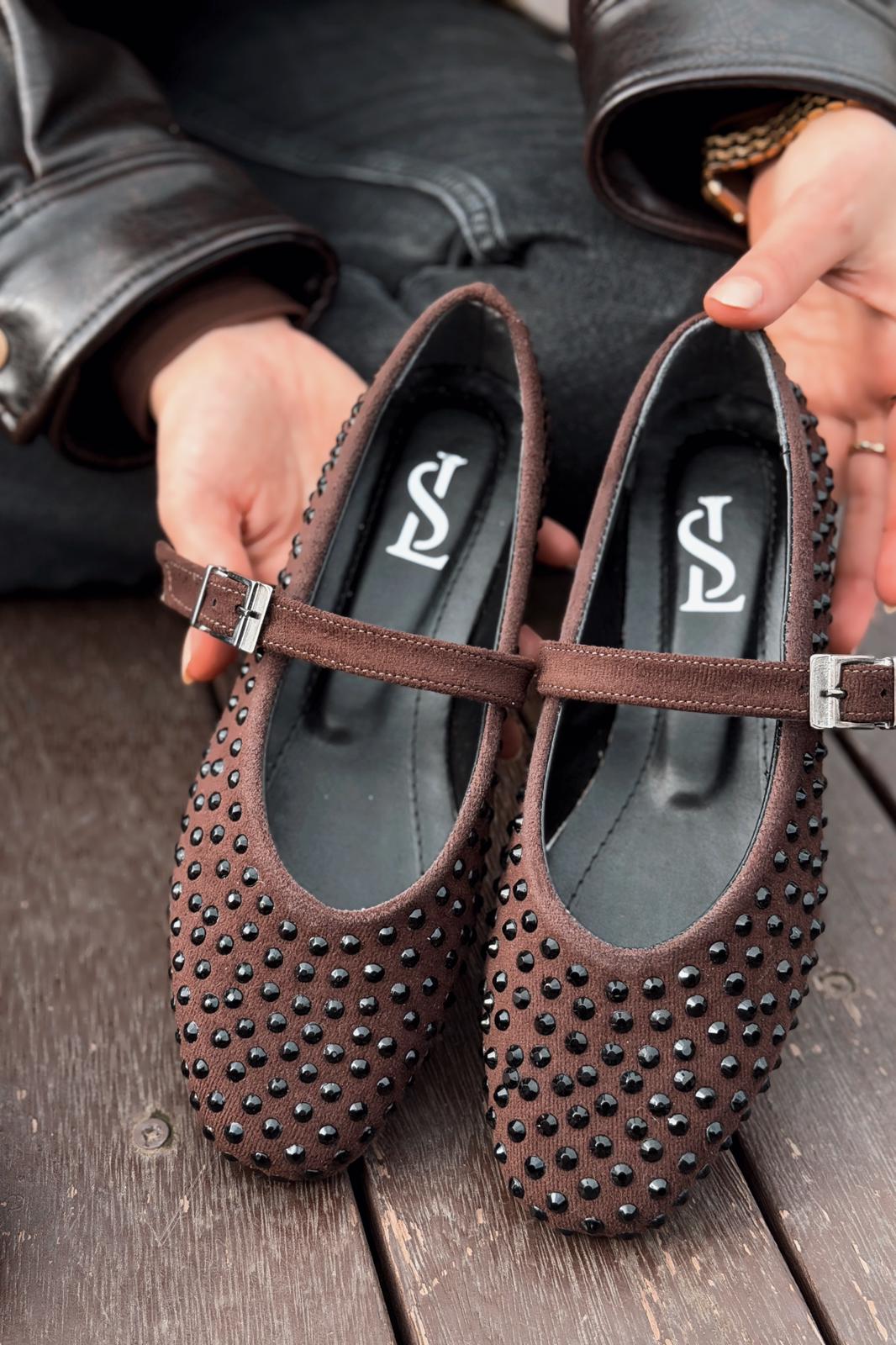 Orion Dark Brown Suede Stone Detail Women's Flats