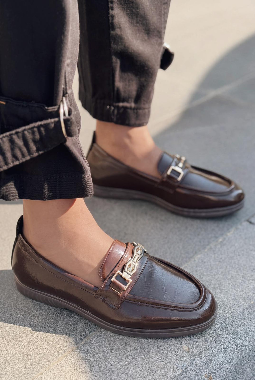 Toler Dark Brown Patent Faux Leather Women's Loafers