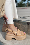 Mogres Nude Faux Leather Velcro Platform Women's Sandals