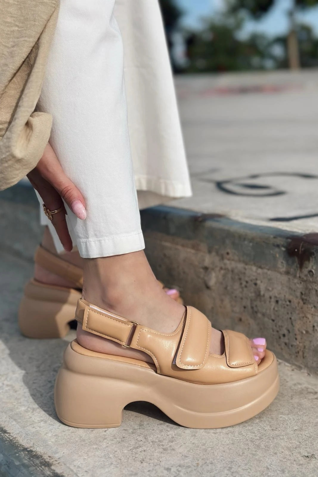 Mogres Nude Faux Leather Velcro Platform Women's Sandals