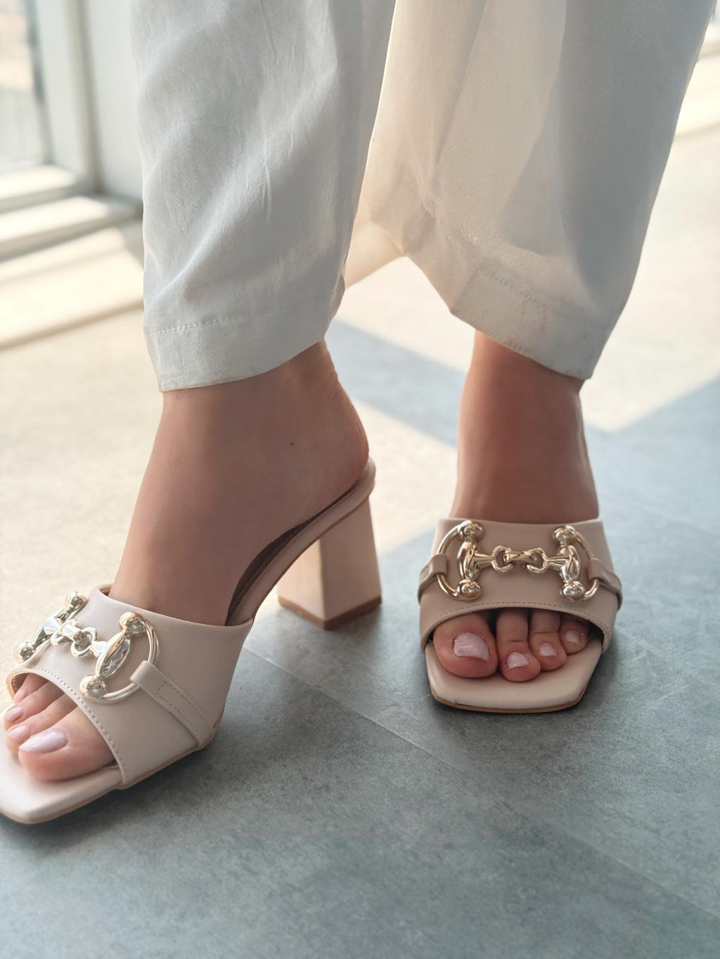 Sorey Beige Faux Leather Buckle Block Heel Mules
