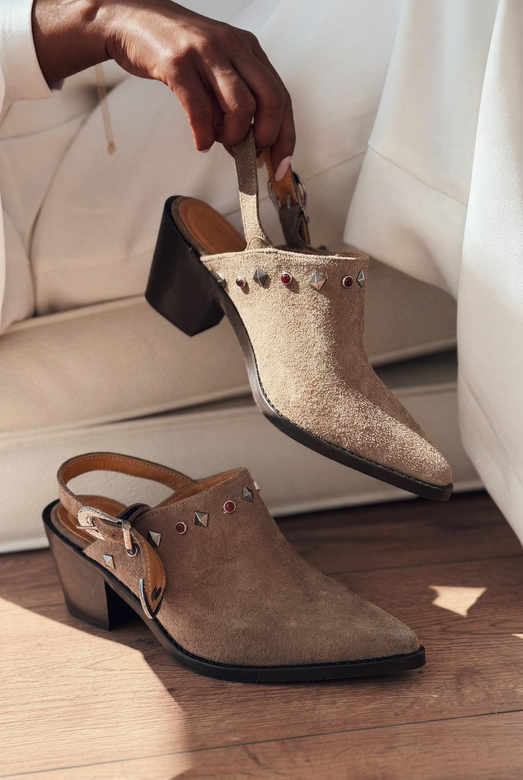 Velvorn Taupe Genuine Suede Women's Cowboy Heel Pumps