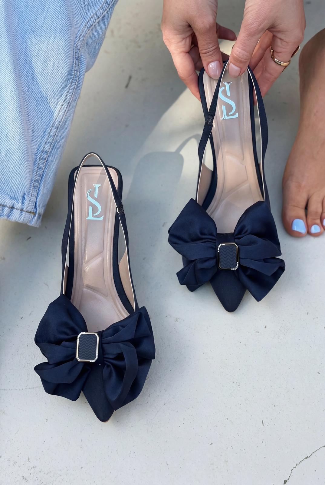 Velune Navy Bow Detail Satin Women's Stilettos