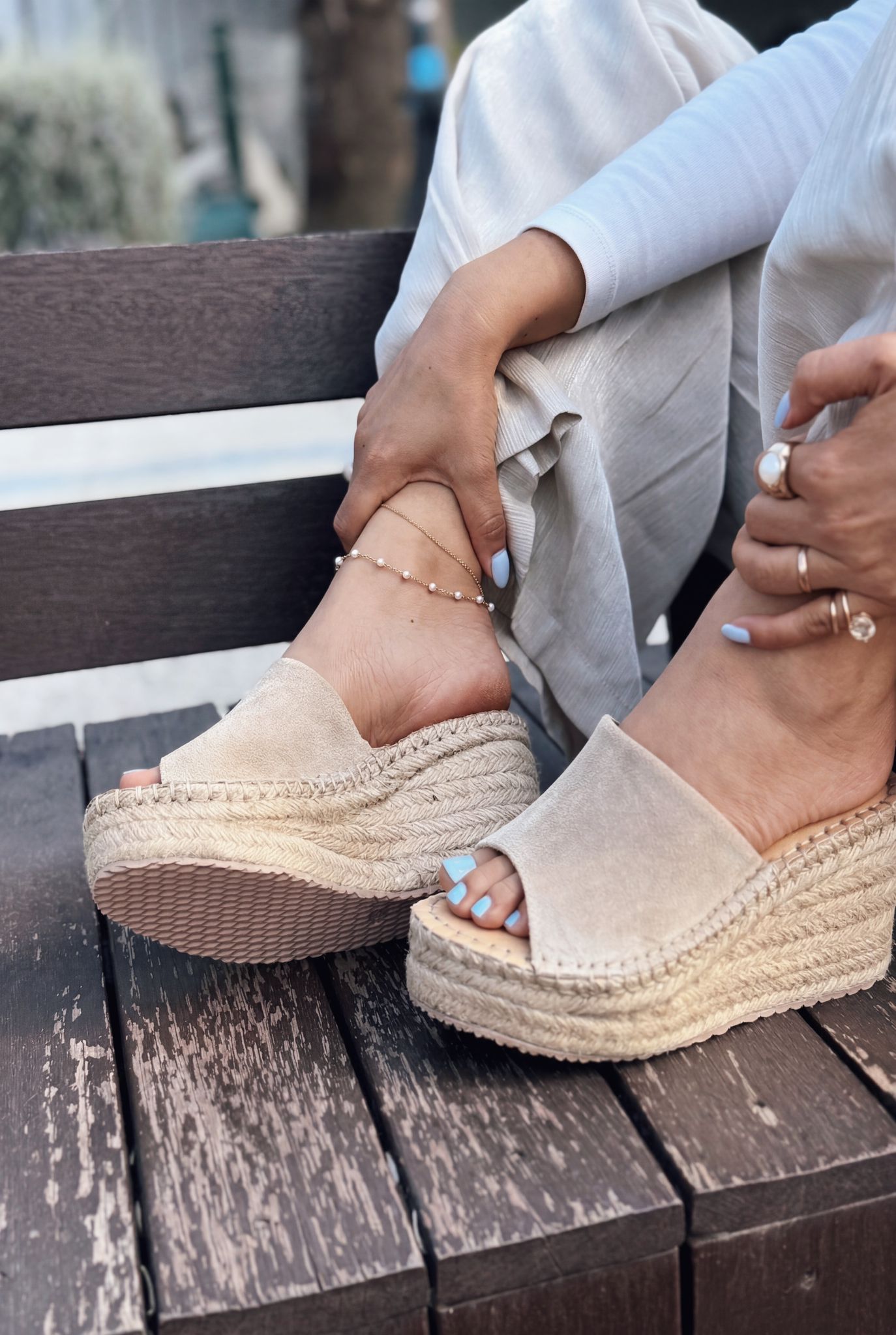 Lorver Beige Genuine Suede Women's Wedge Heel Mules