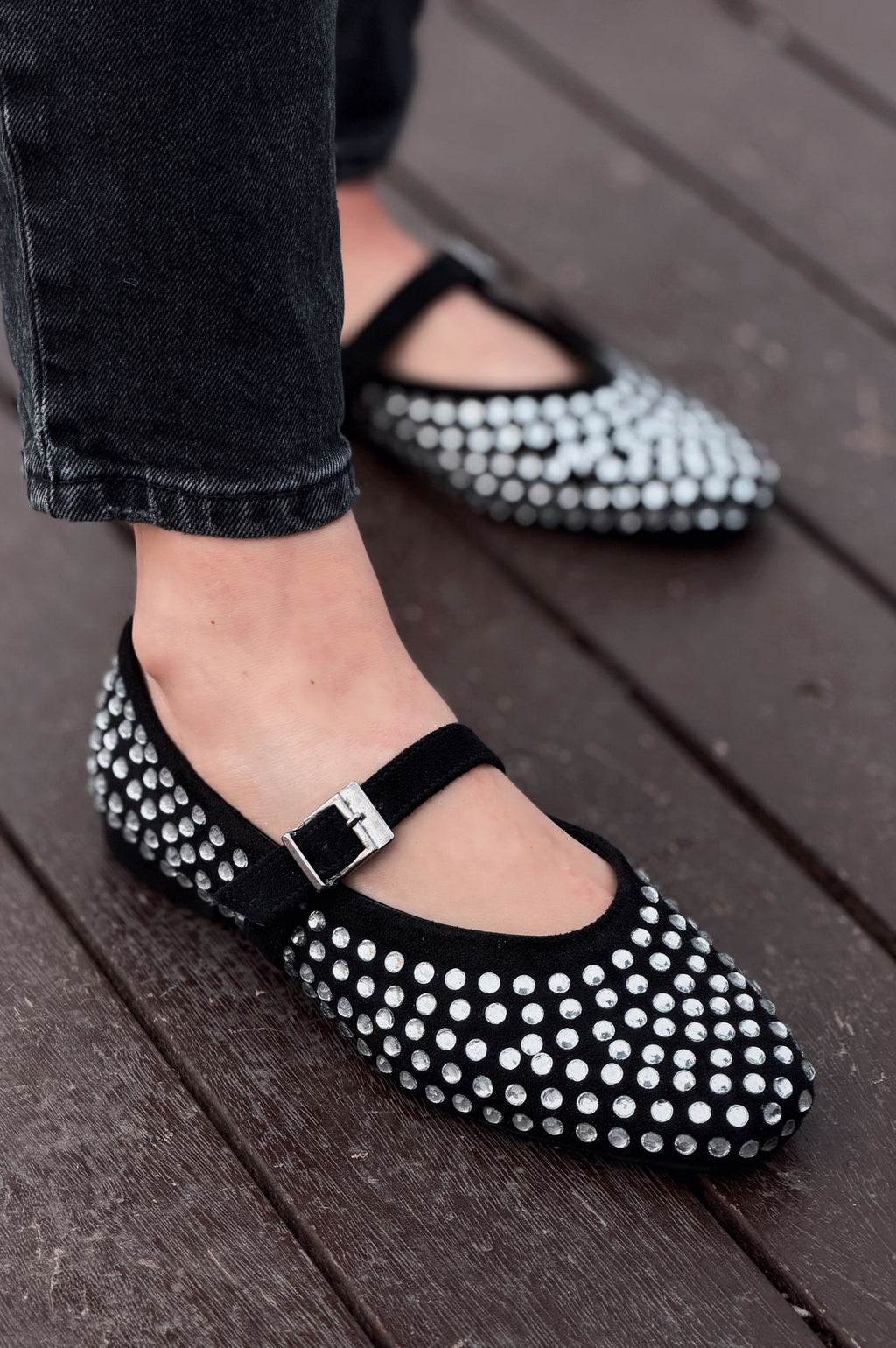 Orion Black Suede Gray Stone Detail Women's Flats