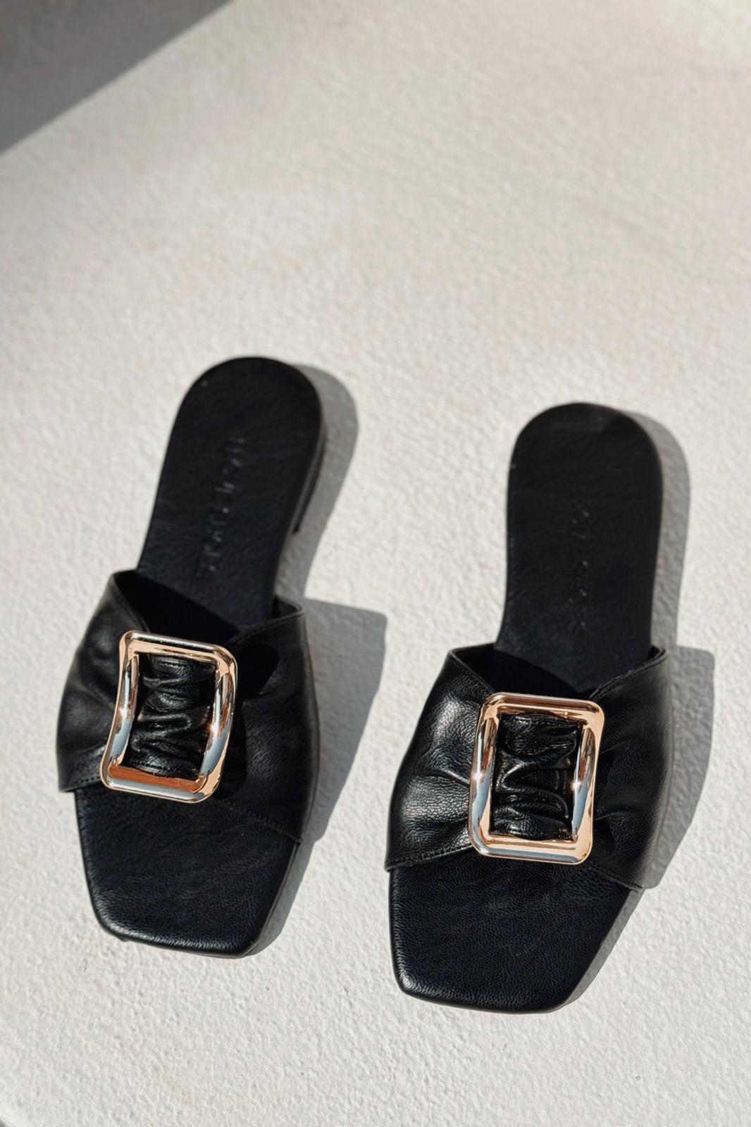 Morisa Black Faux Leather Buckle Detail Women's Slides