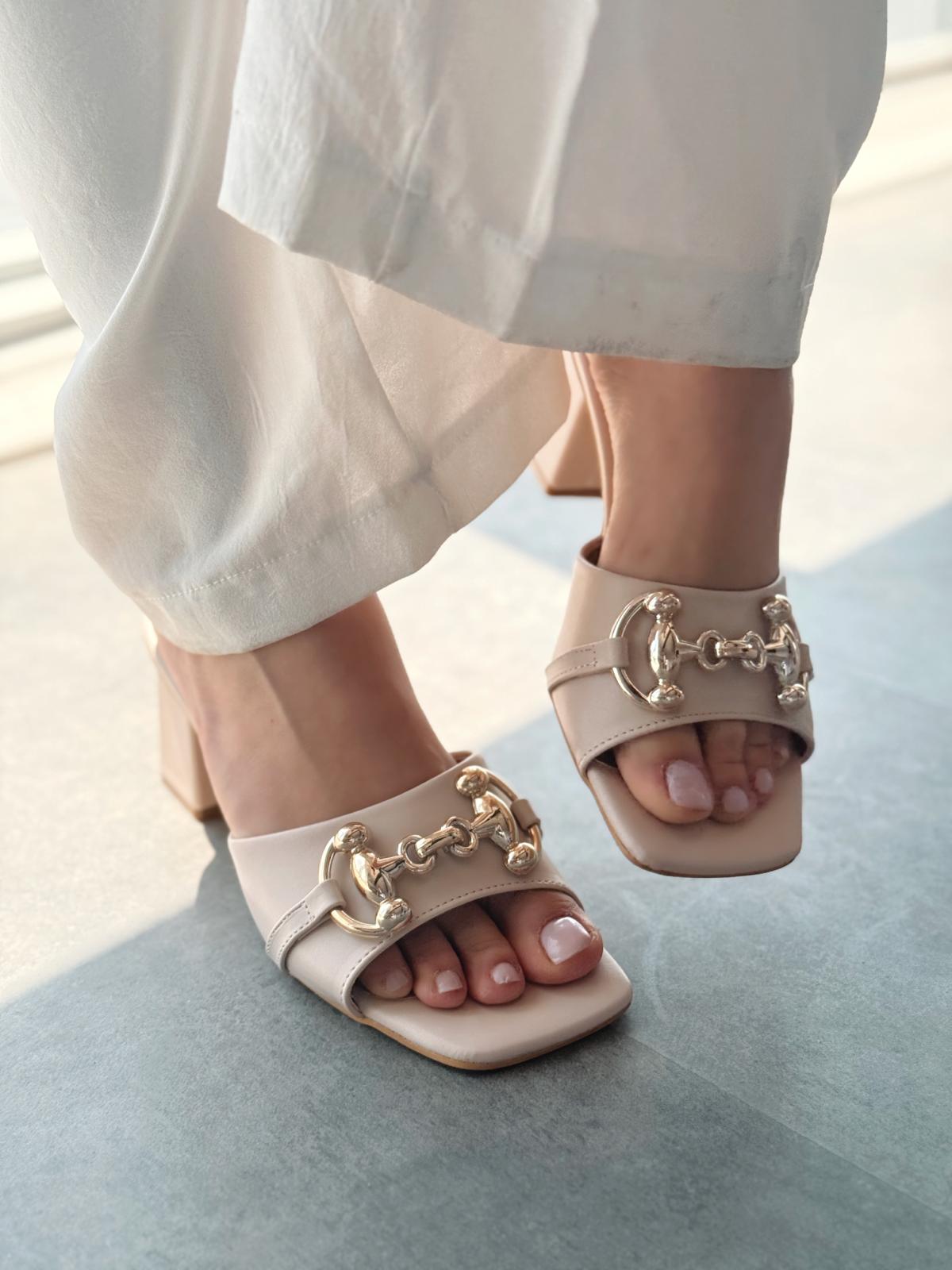 Sorey Beige Faux Leather Buckle Block Heel Mules