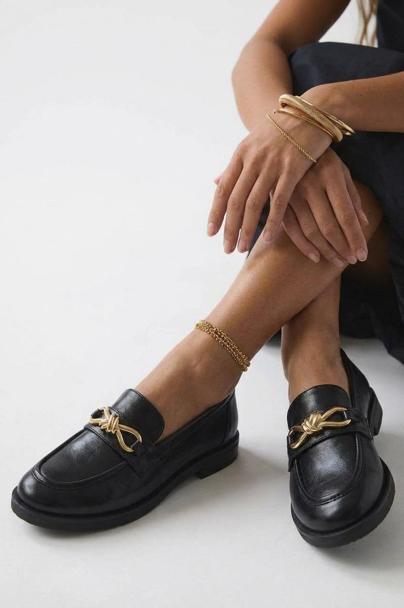 Norel Black Faux Leather Bow Detail Women's Loafers
