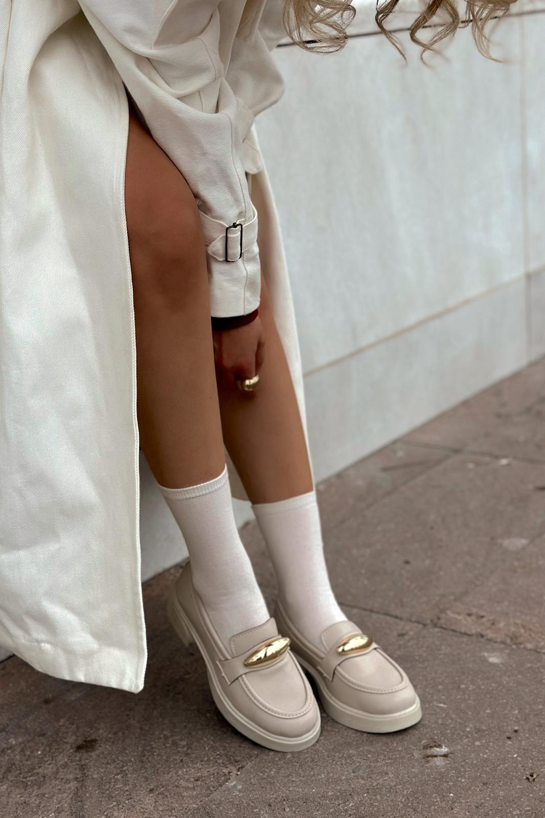 Ravilla Beige Faux Leather Buckle Detail Women's Loafers