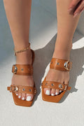 Sylem Tan Faux Leather Buckle Detail Flat Women's Mules