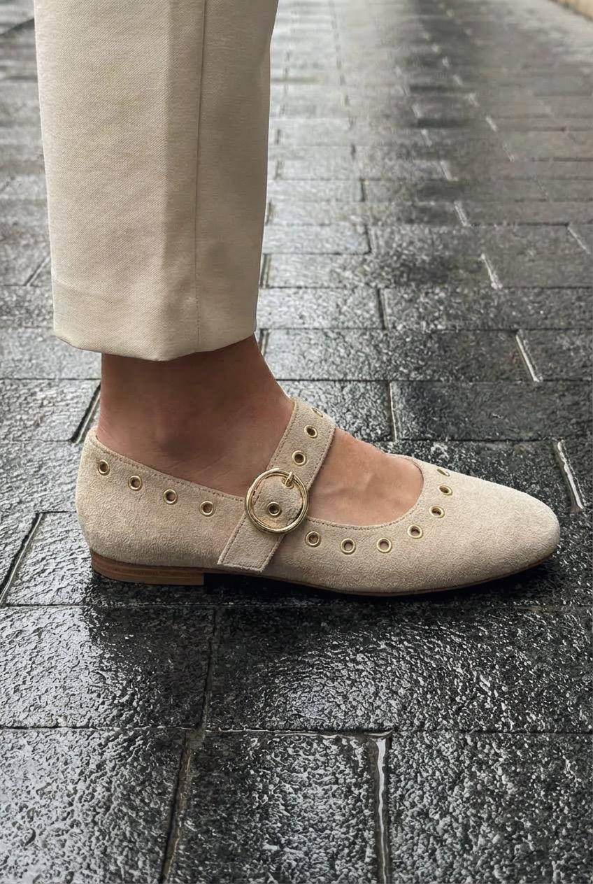 Dorin Beige Suede Studded Women's Flats