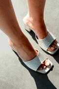 Norma Satin Silver Rhinestone Block Heel Mules