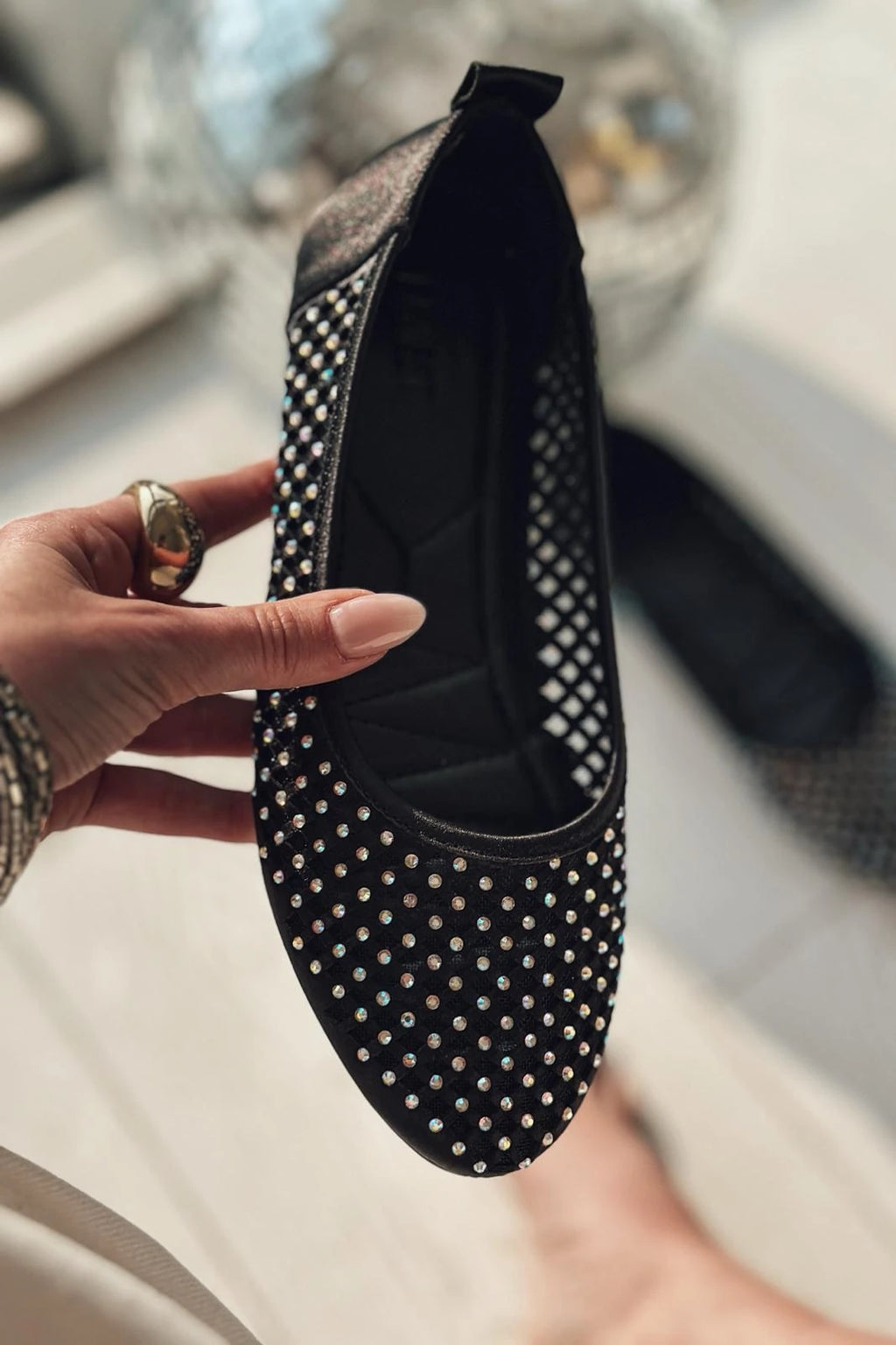 Ronetta Black Satin Crystal Embellished Women's Flats