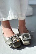 Woned Mint Green Faux Leather Crystal Women's Flats
