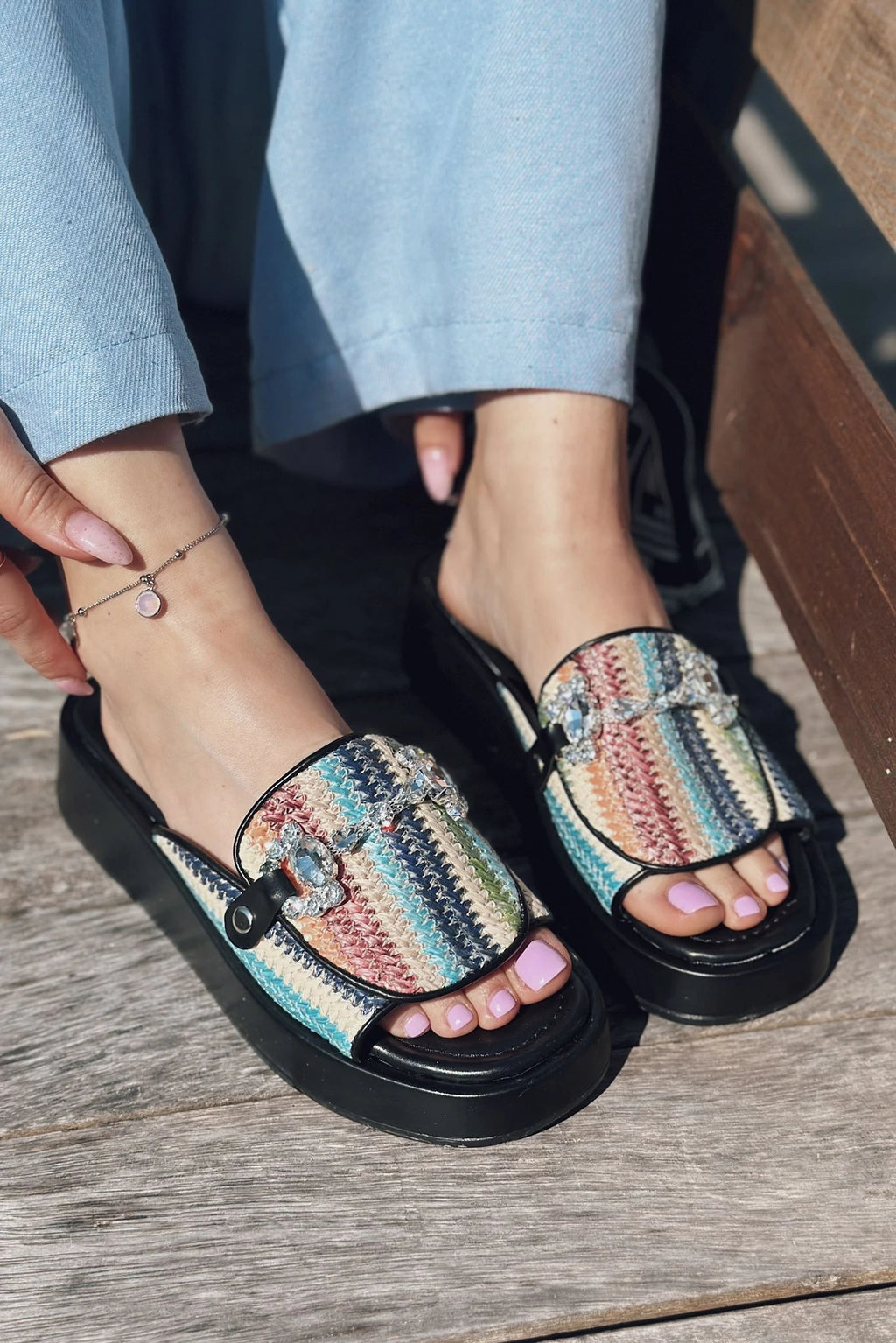 Nilossa Black Faux Leather Stone-Embellished Women's Slides
