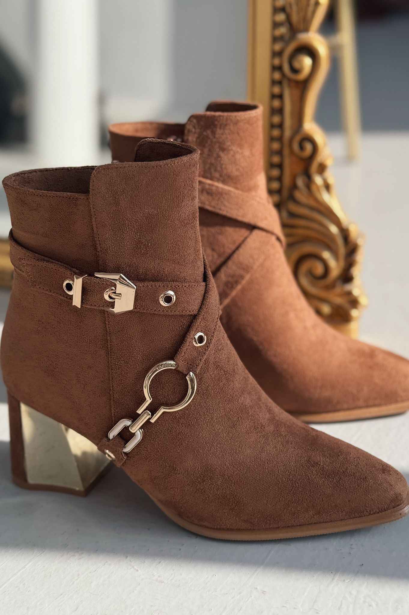 Ednaw Suede Buckle Detail Tan Pumps Boots