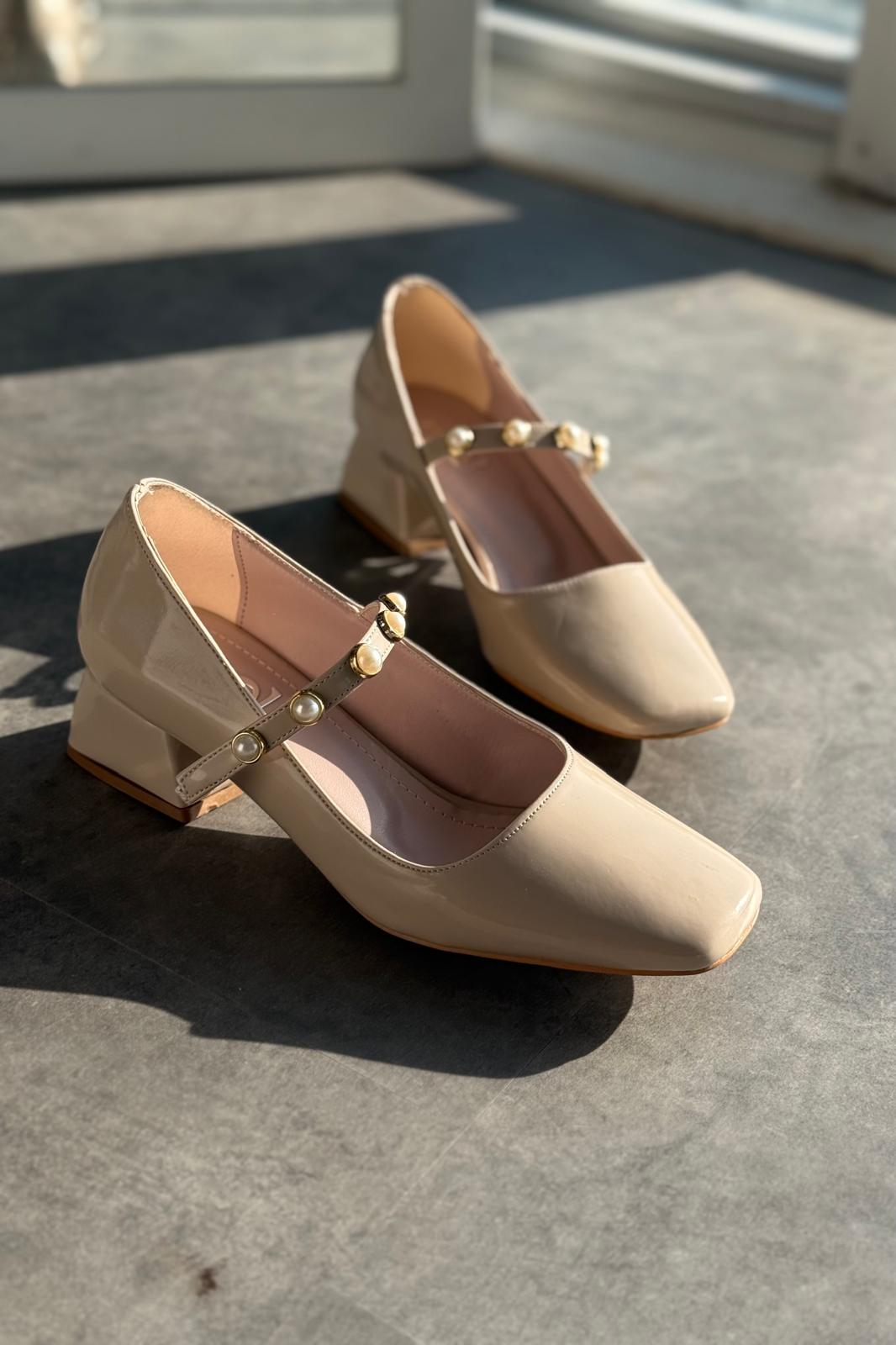 Myrel Beige Pearl Detail Patent Faux Leather Women's Mary Jane