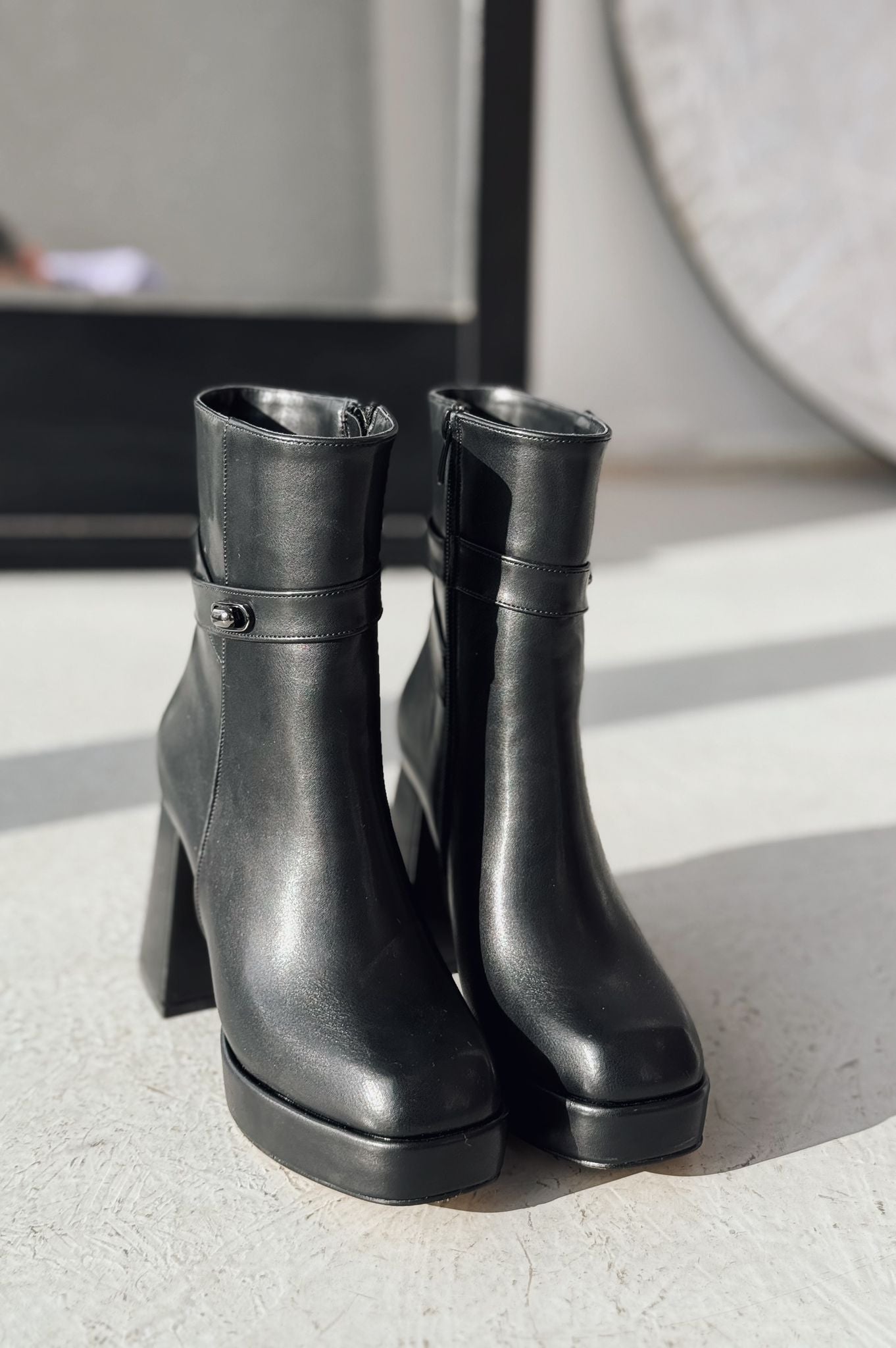 Xeniar Black Faux Leather Platform Zip Buckle Women's Boots