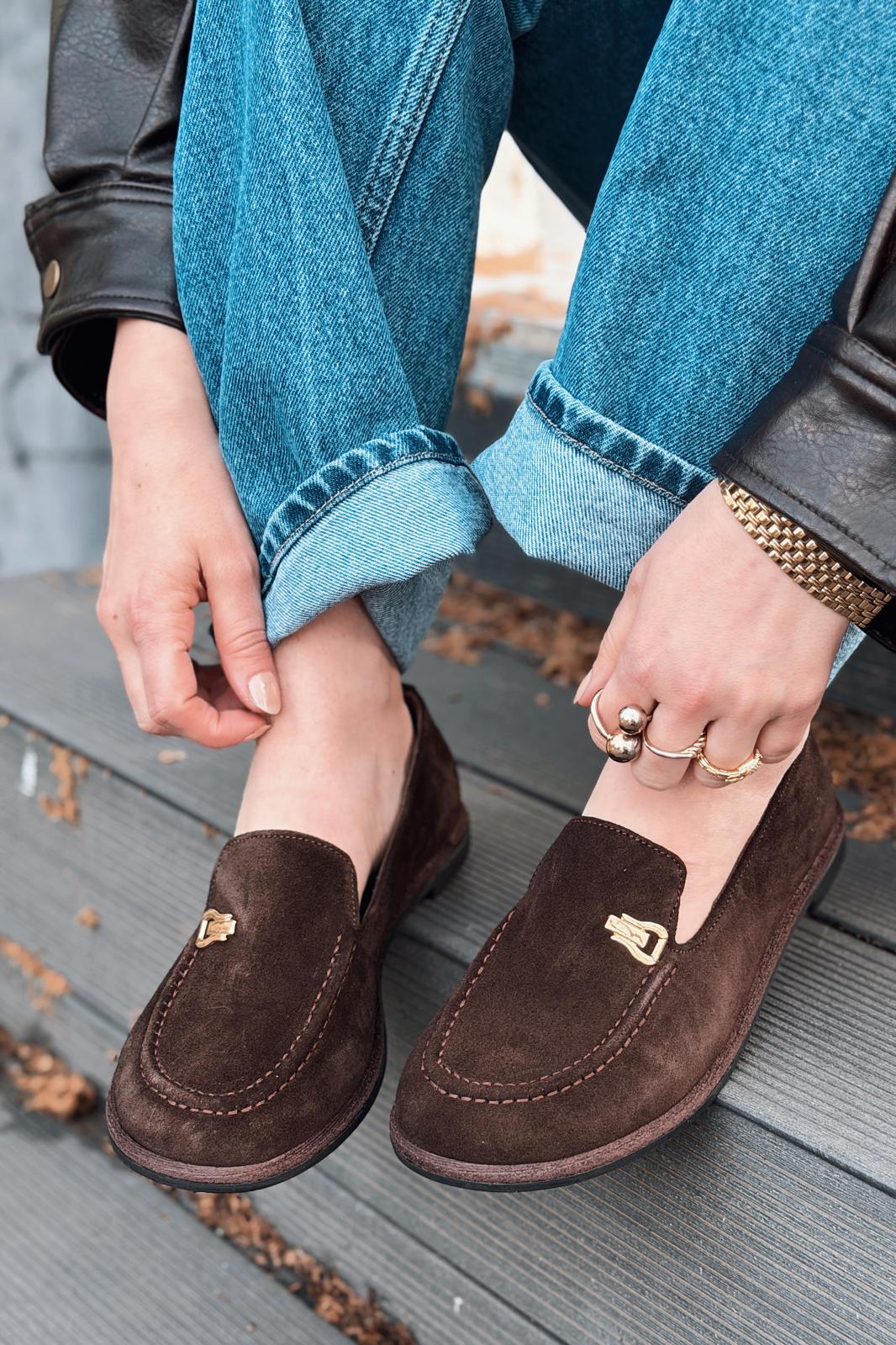 Rasen Dark Brown Genuine Suede Women's Loafers