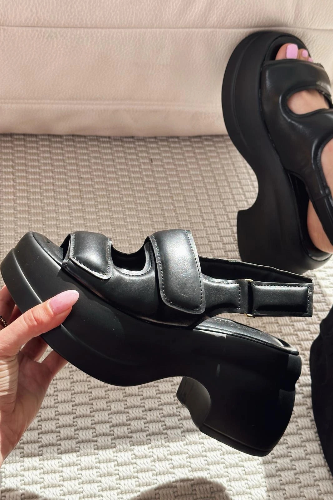 Mogres Black Faux Leather Velcro Thick Sole Women's Sandals