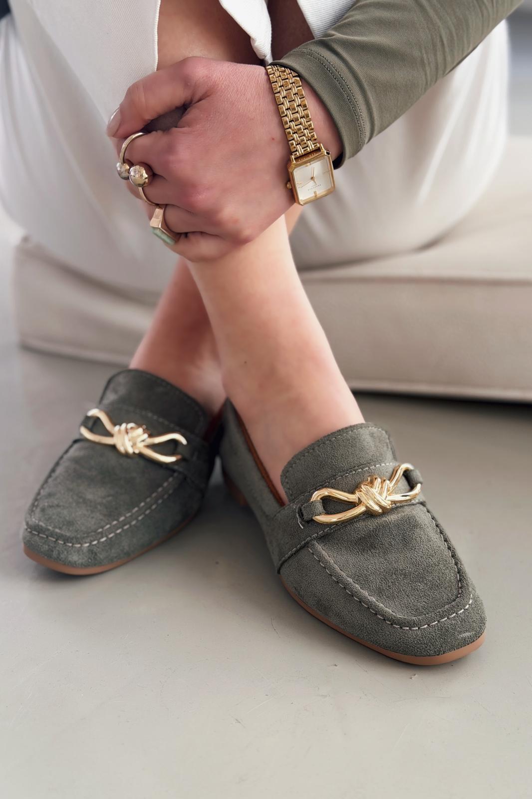 Avelis Khaki Suede Bow Detail Women's Loafers