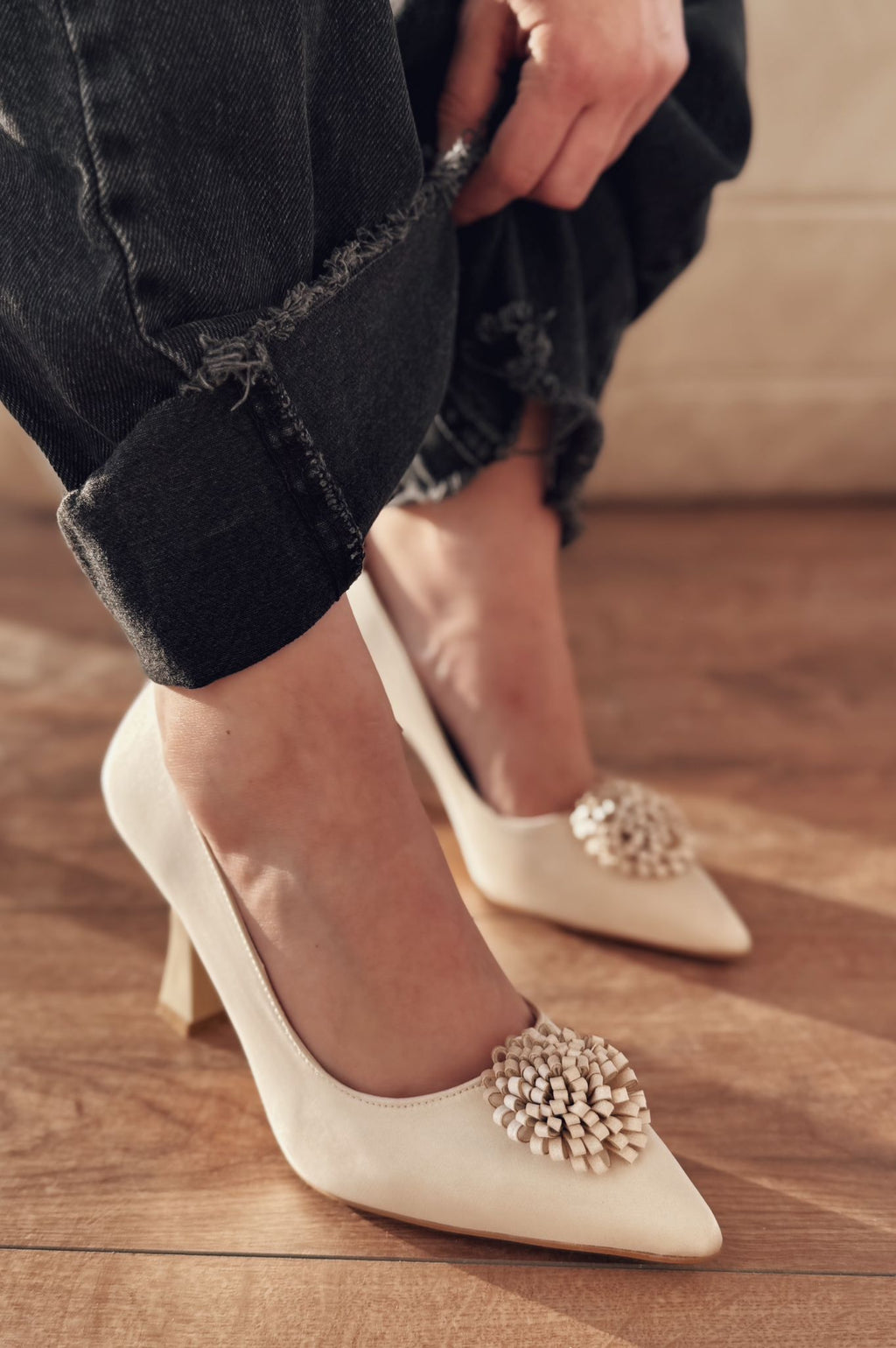 Fovira Beige Satin Women's Stilettos