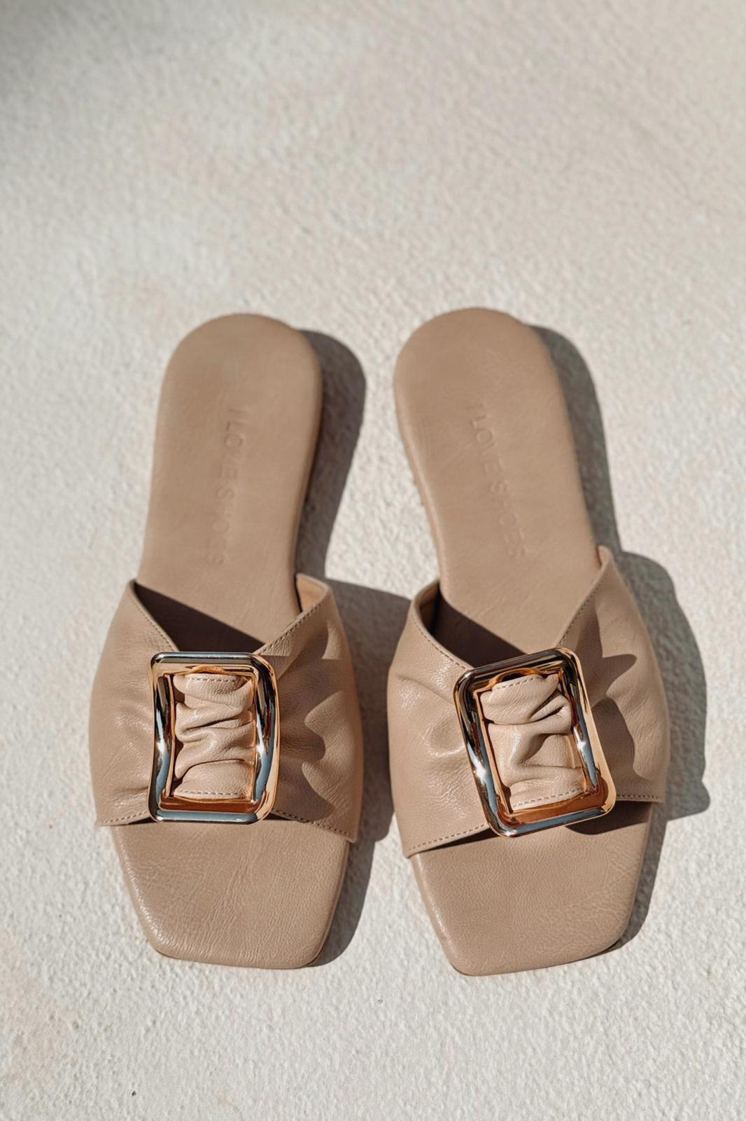 Morisa Beige Faux Leather Buckle Detail Women's Mules