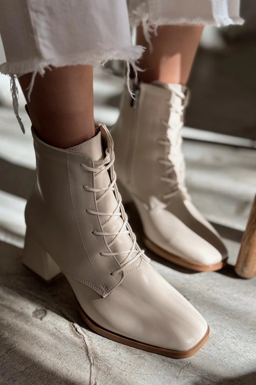 Rament Beige Faux Leather Lace-Up Women's Boots