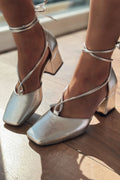 Penop Silver Patent Faux Leather Ankle Strap Pumps
