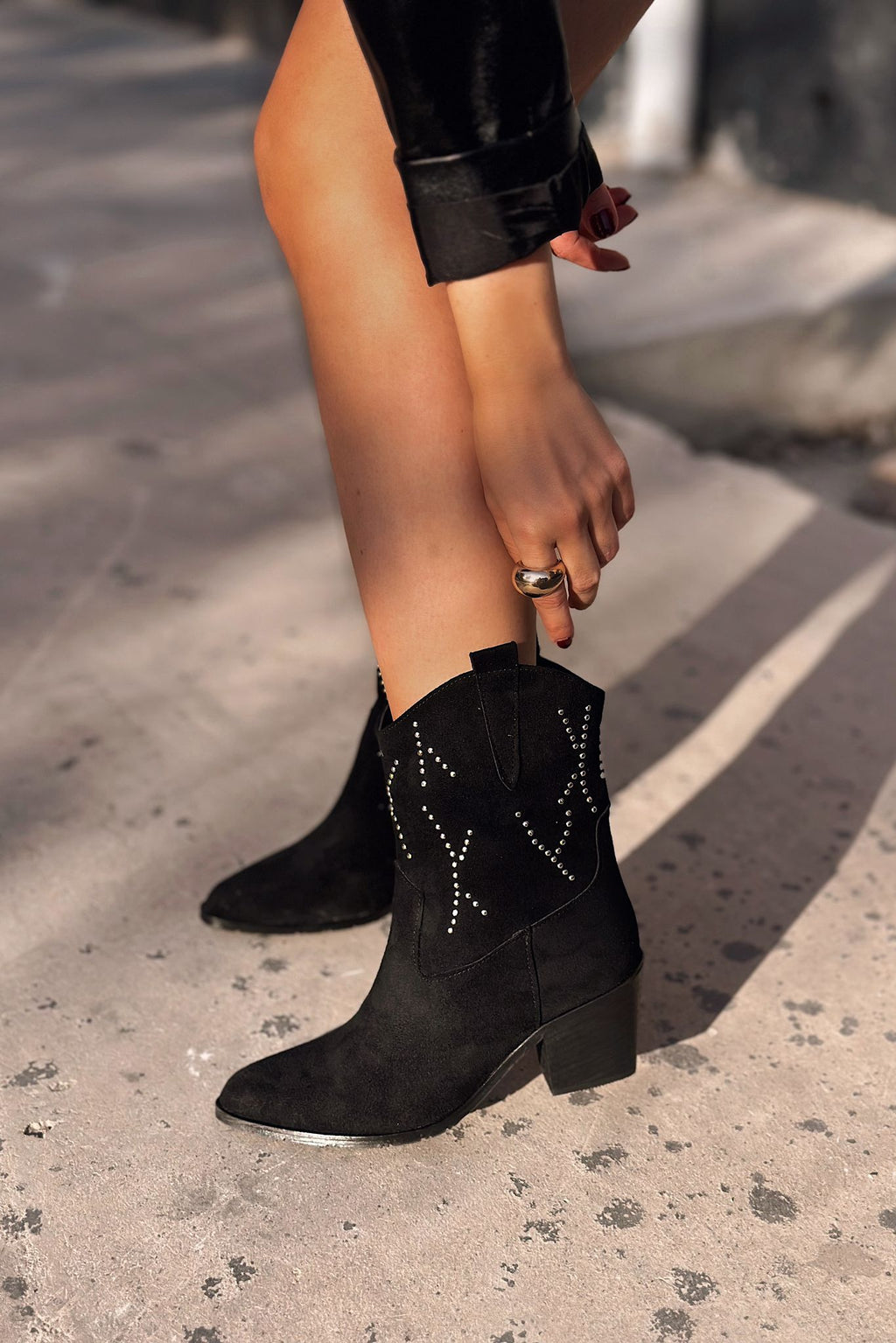 Harbix Suede Studded Black Women's Cowboy Boots