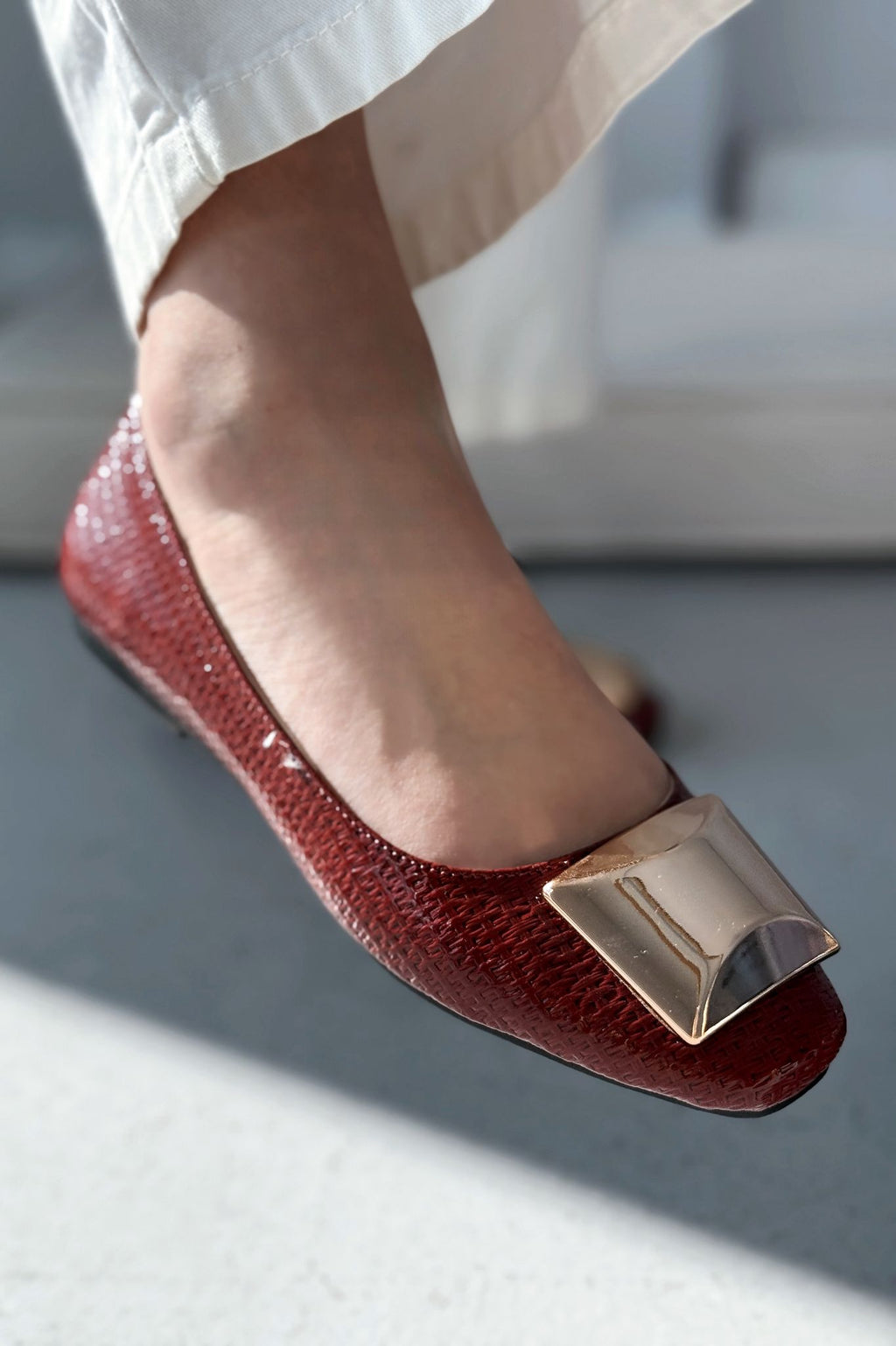 Axorend Bordeaux Patent Faux Leather Women's Flats