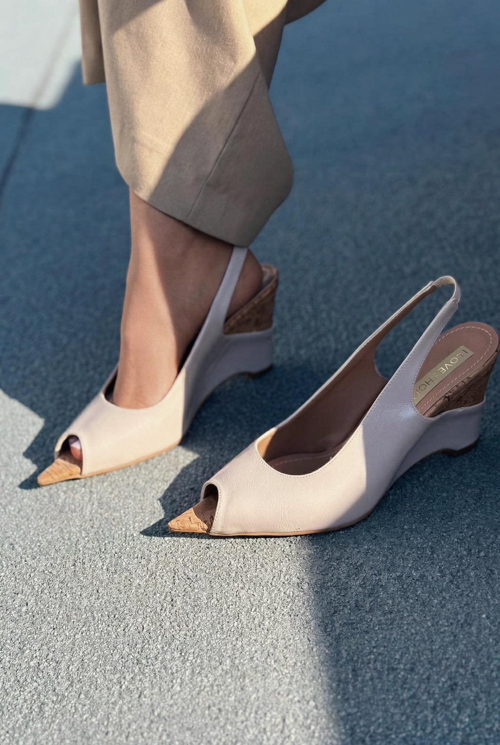 Nerov Beige Crinkled Faux Leather Women's Wedge Heel Sandals