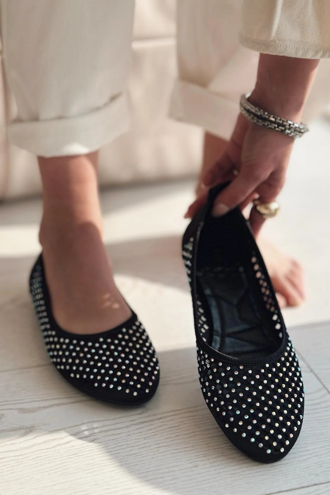 Ronetta Black Satin Crystal Embellished Women's Flats