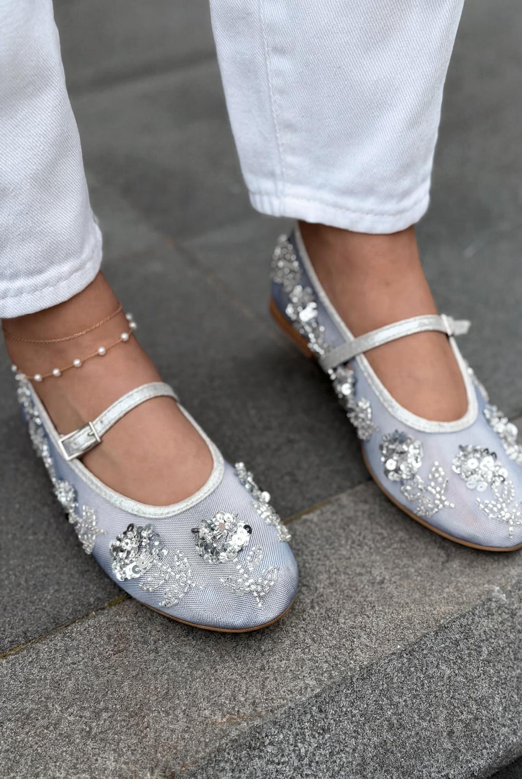 Telora Silver Embroidered Women's Flats
