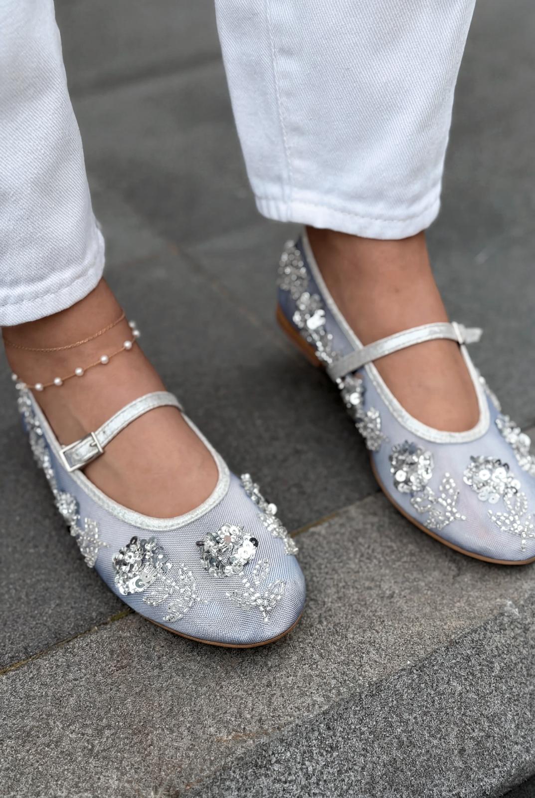 Telora Silver Embroidered Women's Flats