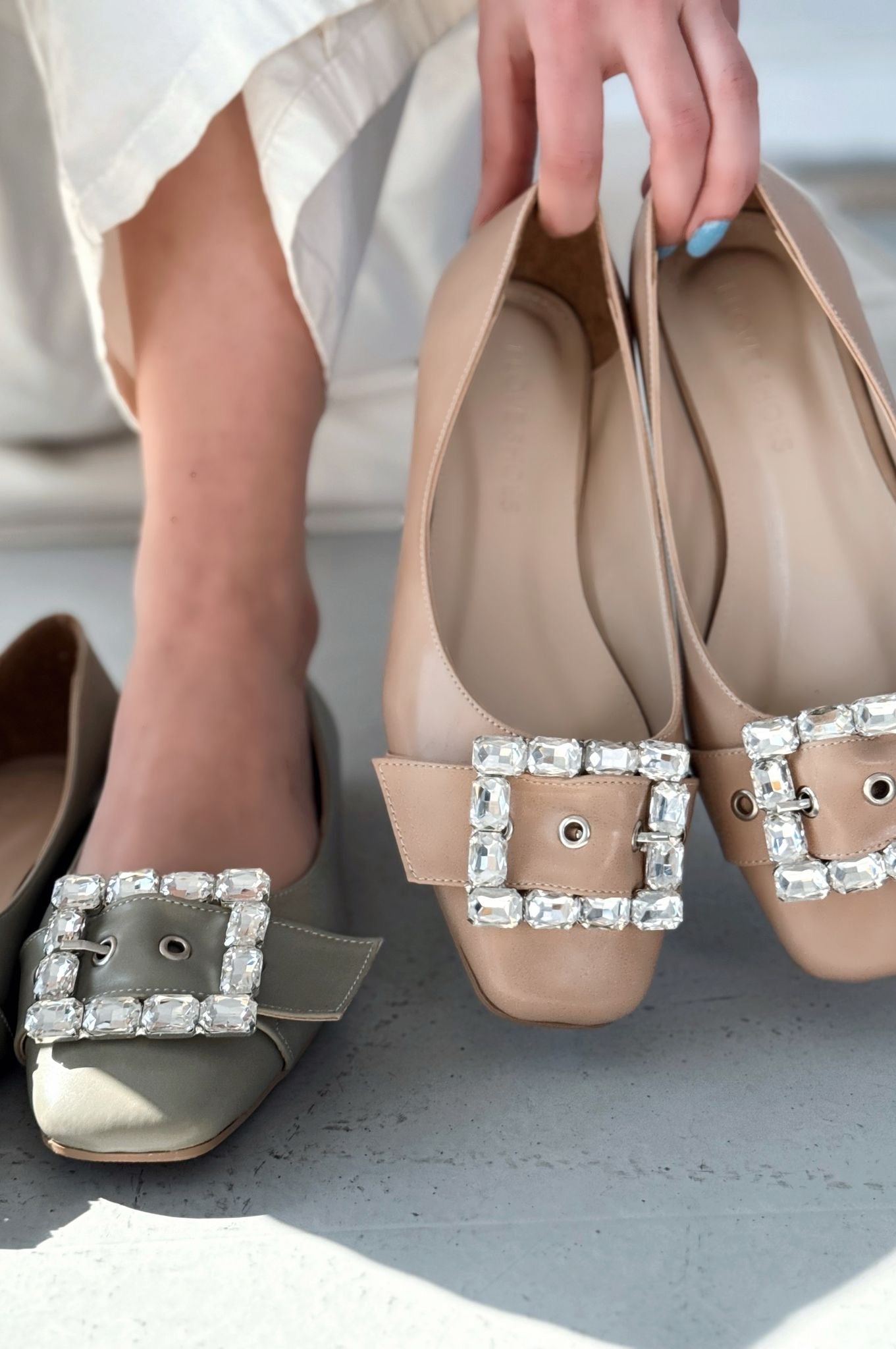 Woned Mint Green Faux Leather Crystal Women's Flats