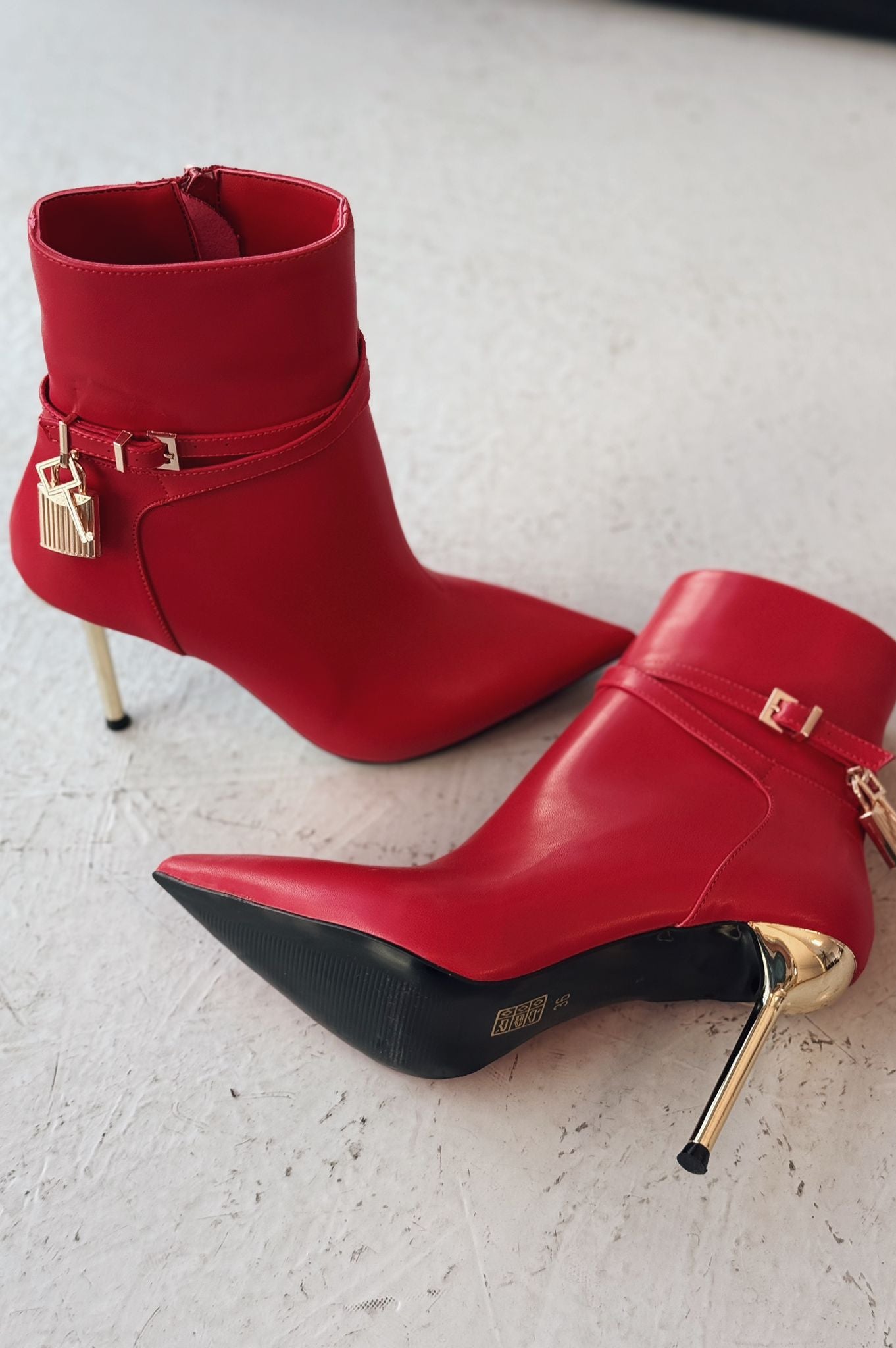 Teronsa Red Faux Leather Buckle Detail Pumps Boots