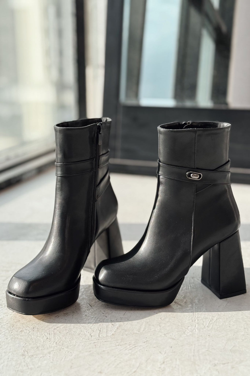 Xeniar Black Faux Leather Platform Zip Buckle Women's Boots