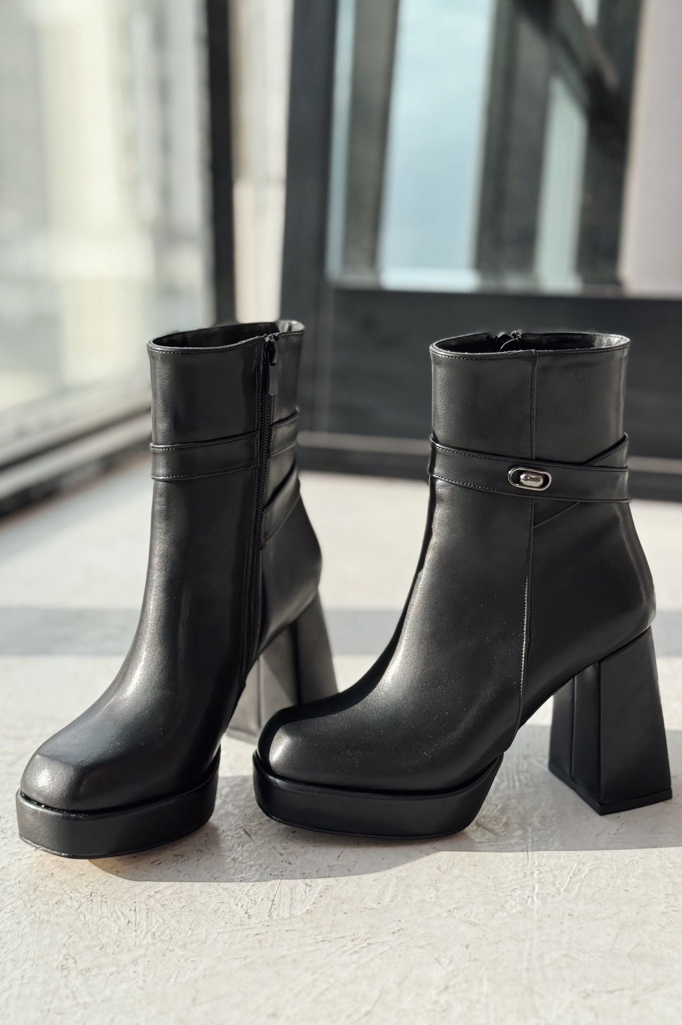 Xeniar Black Faux Leather Platform Zip Buckle Women's Boots