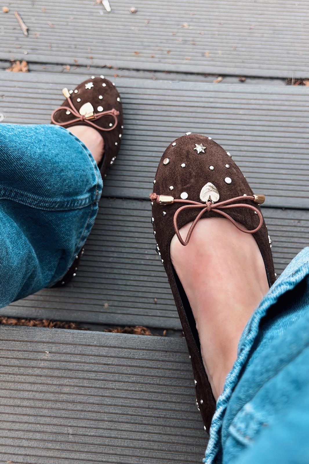 Vessa Dark Brown Genuine Suede Studded Women's Flats