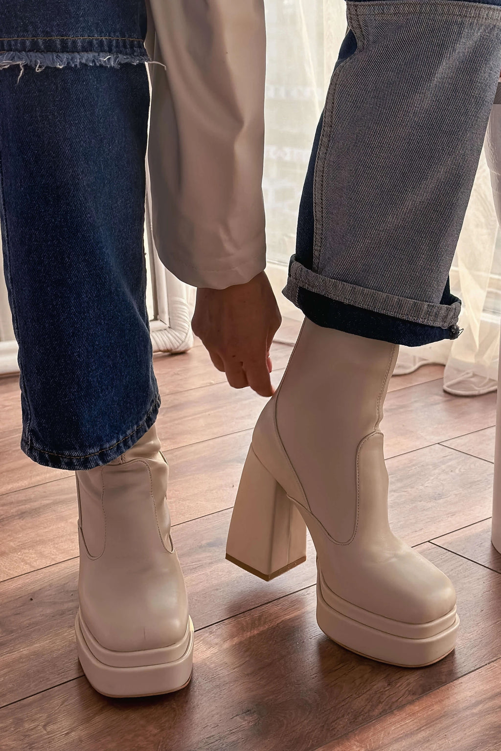 Lestina Beige Stretch Faux Leather Women's Boots