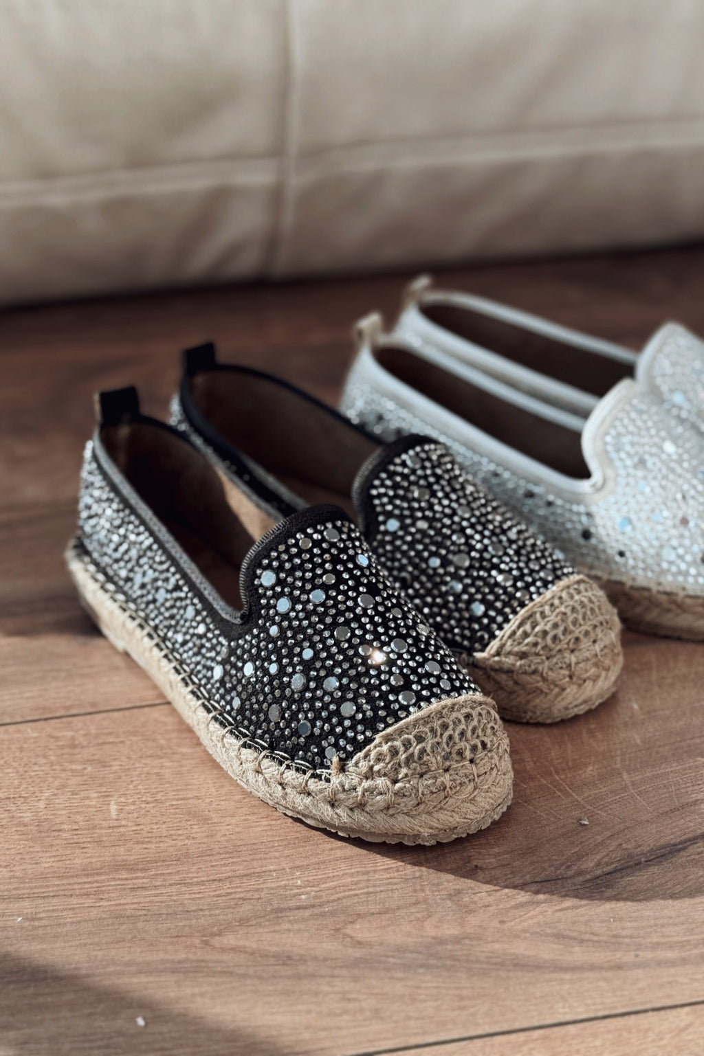 Jorelis Black Suede Stone Embellished Women's Espadrille Loafers