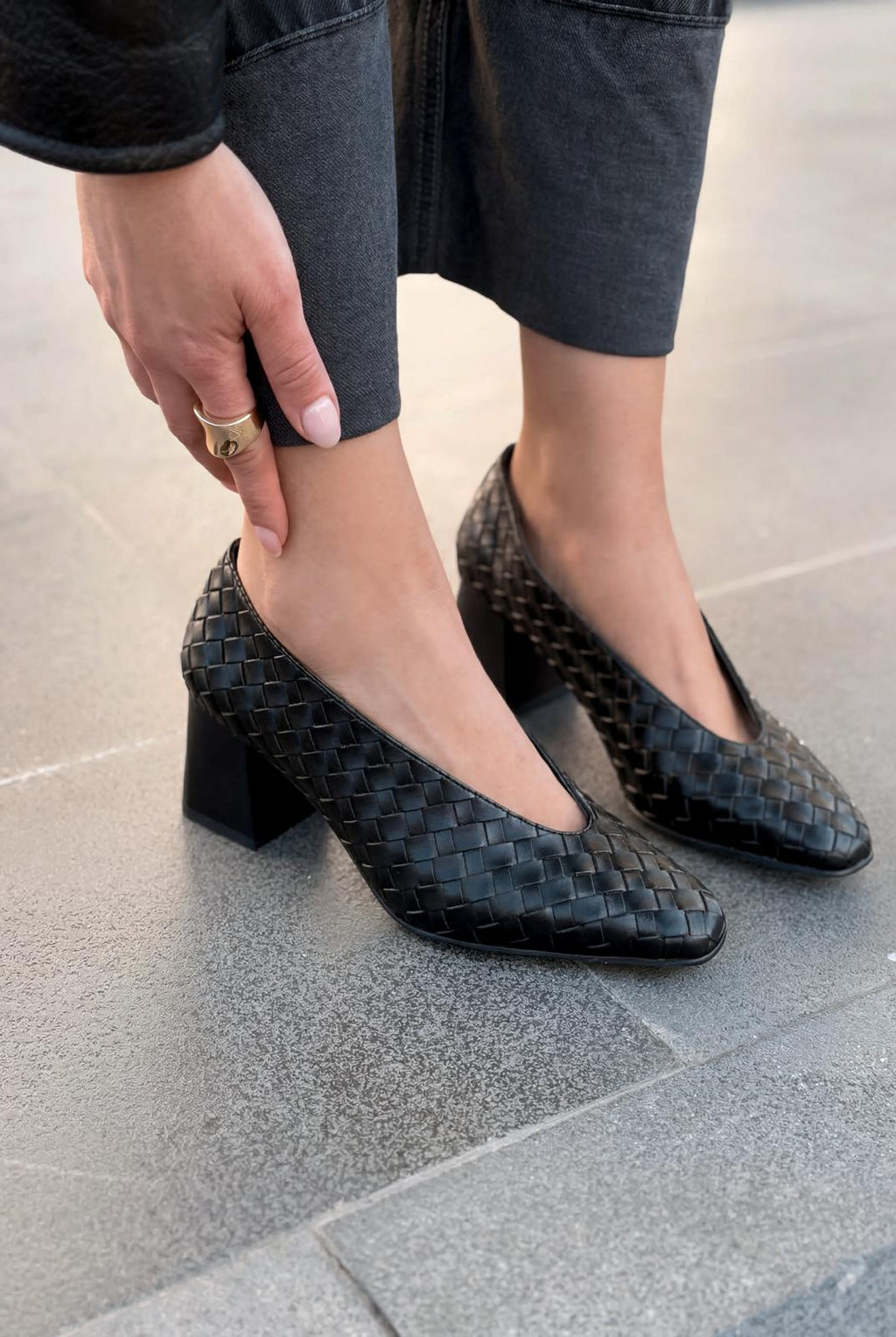 Torben Black Faux Leather Woven Women's Pumps