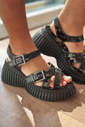 Vony Black Patent Faux Leather Buckle Thick Sole Women's Sandals