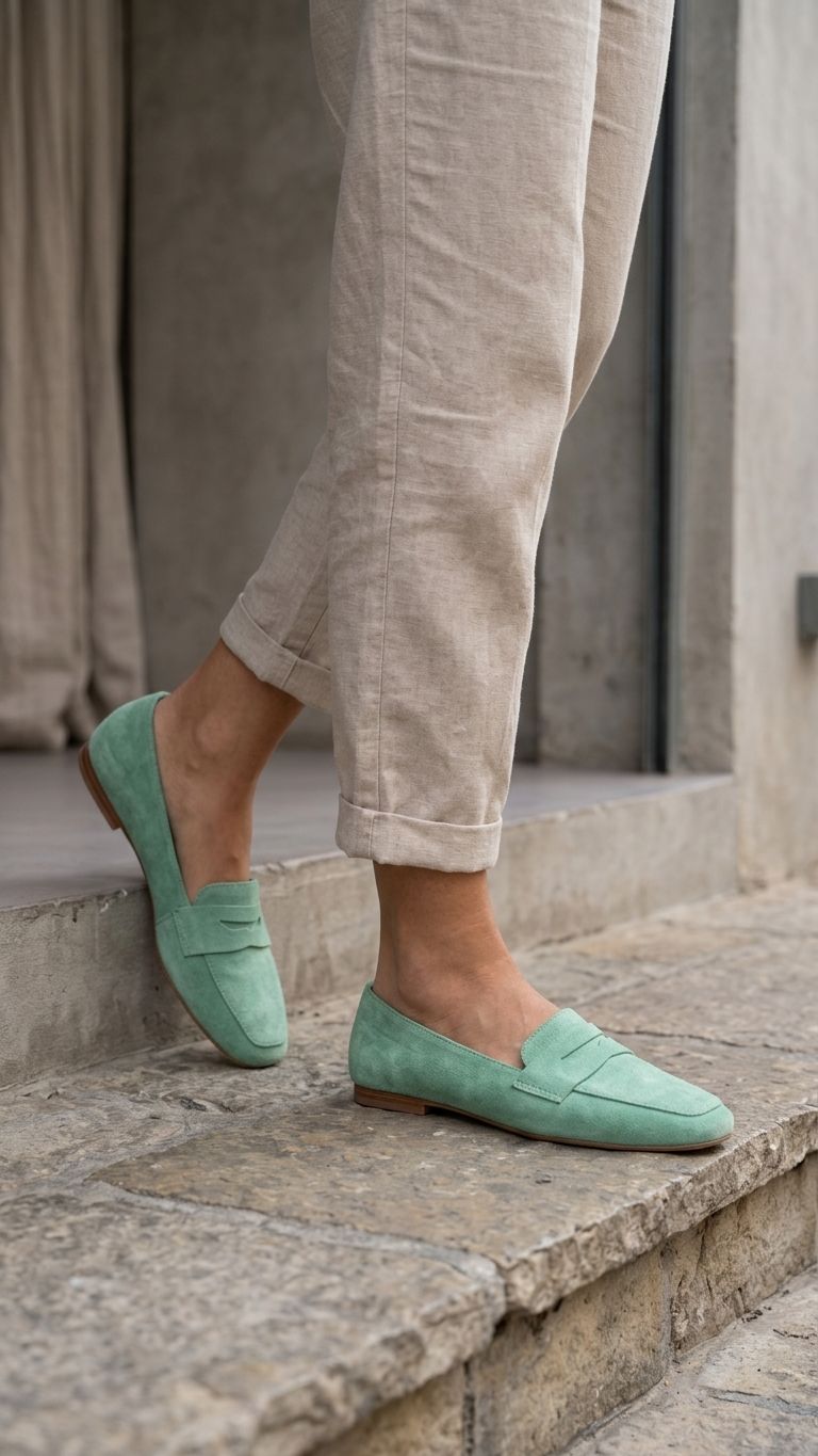 Melniel Green Genuine Suede Women's Loafers
